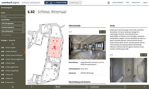 Screenshot von raumbuch.digital mit intuitiver Ebenennavigation und Übersichtsbildern